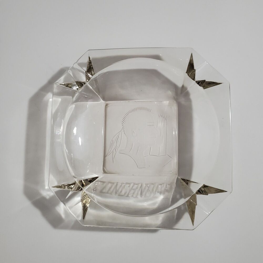 Vintage Concanoga Etched Native‎ American Glass Ashtray Square 8 Inch Clear